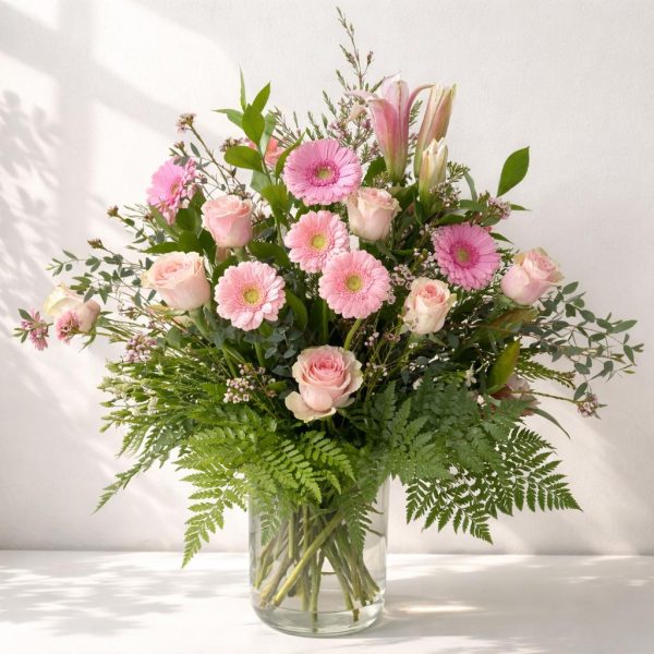 Arreglo Floral Rosado con Gerberas, Rosas y Lirios