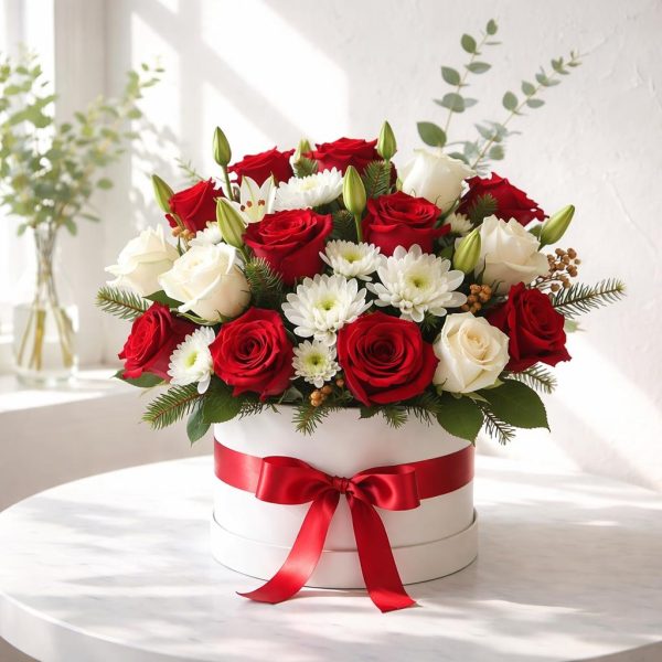 Arreglo Floral de Rosas Rojas y Blancas