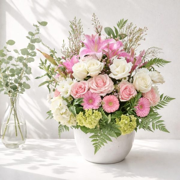 Arreglo de Rosas y Lirios en Tonos Suaves