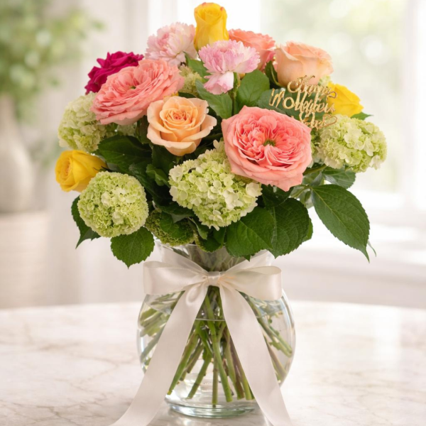 Florero con ortencias y delicadas peonies