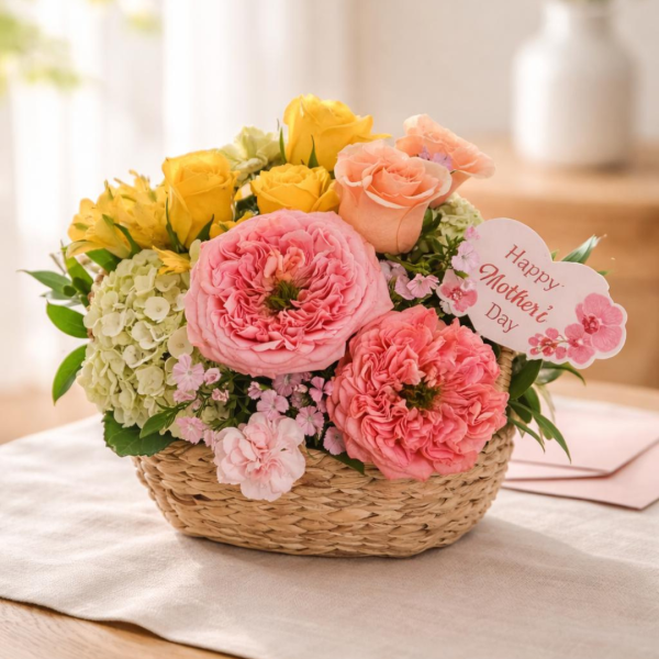 Canasta con dulces y hermosas Peonies